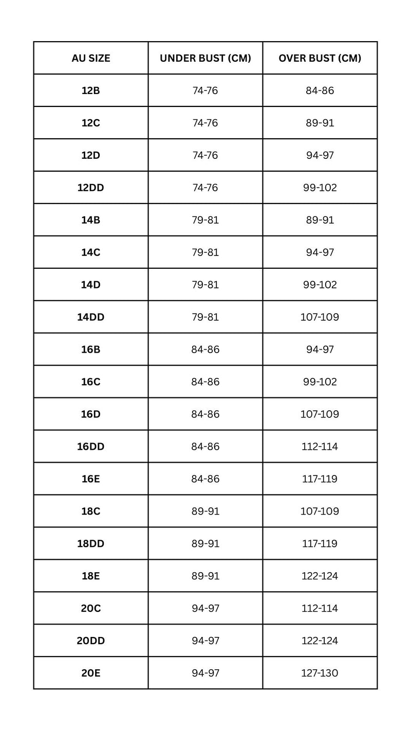 Size Chart for SECOND NATURE Wired Seamless Bra (Pre-Order Ships end of March)