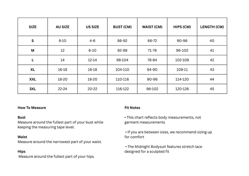 Size Chart for Midnight Lace Shaping Bodysuit