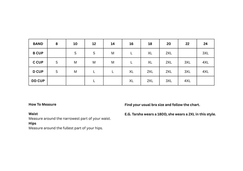 Size Chart for Wide Support Shaper Bra Wireless