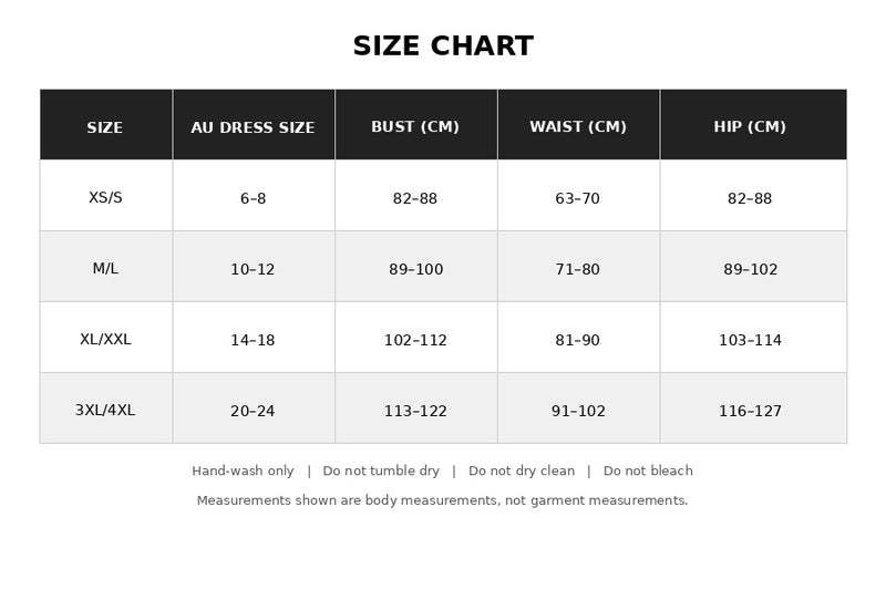 Size Chart for Long Sleeve Shaper Bodysuit