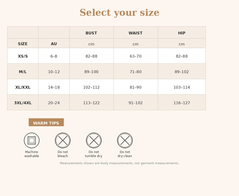 Size Chart for Square Neck Sleeved Bodysuit